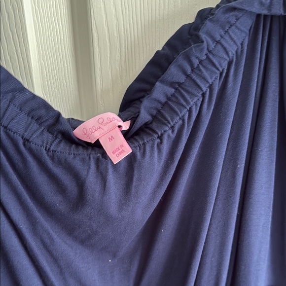 Navy Off-Shoulder Ruffle Romper - Picture 2 of 5